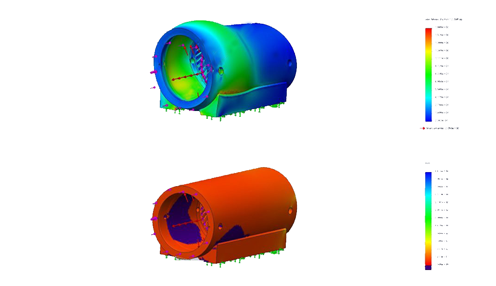 Rappresentazione della distribuzione delle sollecitazioni statiche rilevate nel componente e la distribuzione del Fattore di Sicurezza risultanti da un componente da noi disegnato realizzato tramite modellazione 3D.